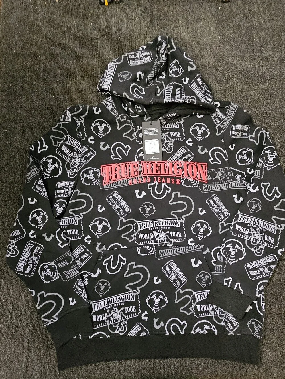 True Religion Men's L Buddha & World Tour Ticket Allover Print Hooded Pullover